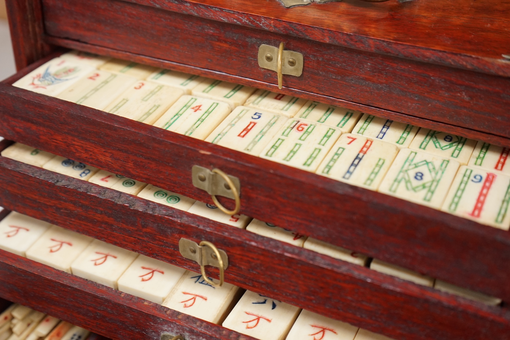 A Chinese bone Mahjong set, cased with boxed racks., Condition - fair